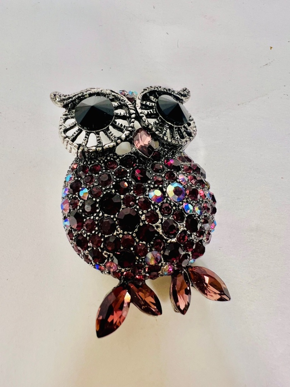 Rhinestone Owl Brooch - Pink and Burgundy Crystal Accent